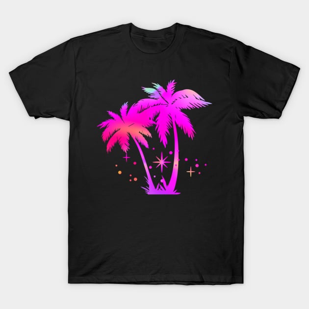 Hot Pink Rainbow Palm Trees With Glitter Stars T-Shirt by ThePinkPrincessShop